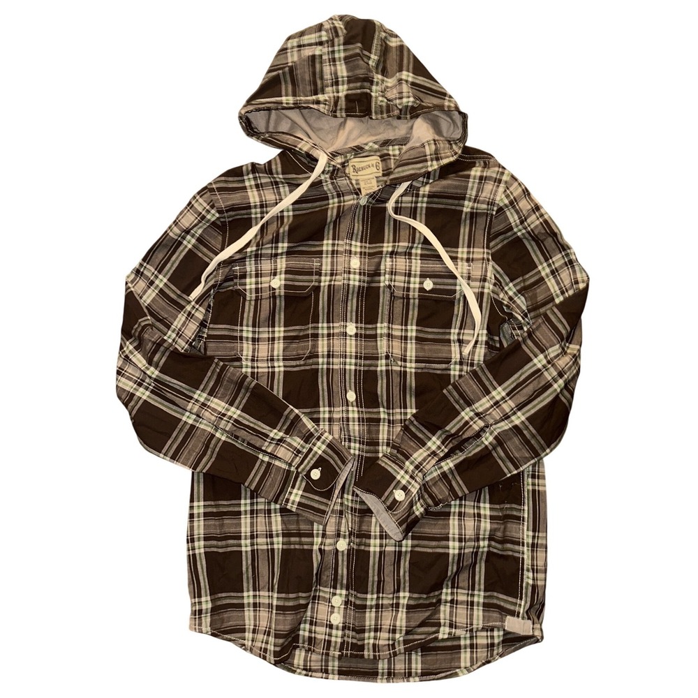 Roebuck & Co Mens Plaid Hooded Flannel Shirt Brown Green Cotton Button Up Size M